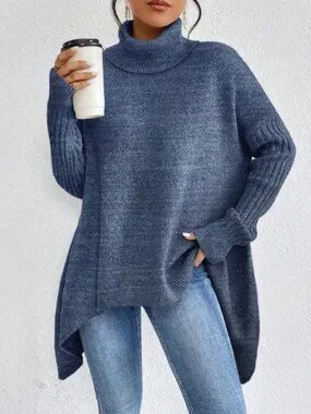 Blue Casual Women's Sleeve Turtleneck Asymmetrical Hem Drop Shoulder Sweater